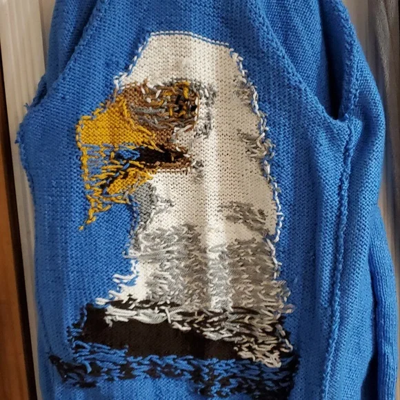 Hand Knit Bulky Cardigan Sweater Eagle Sweater Royal Blue XL - Picture 8 of 12